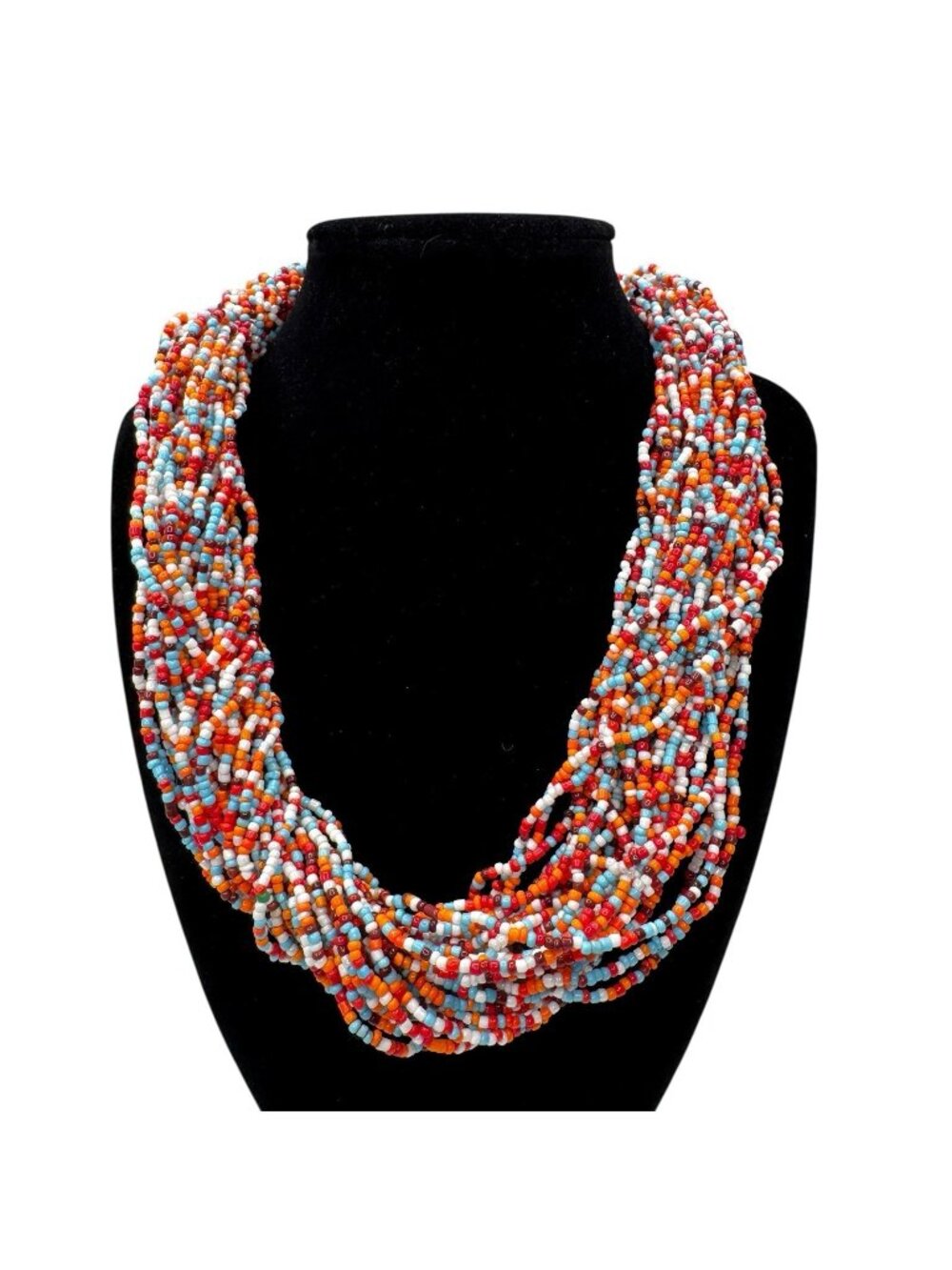 Handmade Collar Necklace 36 Seed Bead Strand Teal, Rust, Red, Orange, White BOHO